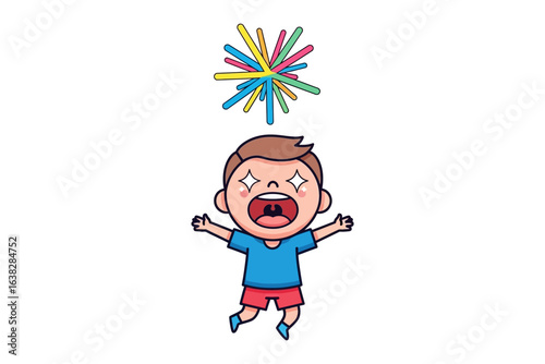 Whimsical Delight: A joyful cartoon boy reacts with wonder as colorful sticks float above him. The scene captures innocence and excitement of childhood.