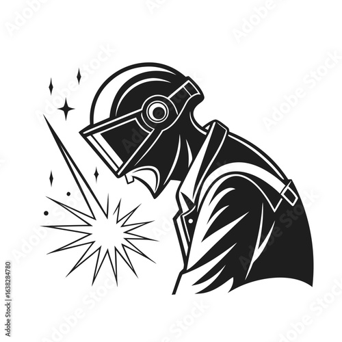 Black silhouette icon of an industrial welder in a protective mask working with metal, creating bright sparks.