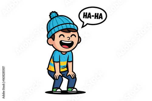 Joyful Laughter Illustration: An illustrated young boy, radiating infectious joy, lets out a hearty HA-HA with a cheerful expression. Perfect for portraying pure happiness