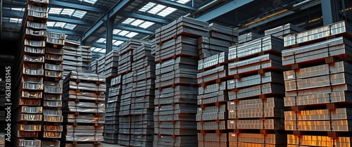Steel and aluminum ingots stacked high in a warehouse, metal industry, warehouse