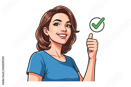 Approval & Empowerment: A radiant woman in a bright illustration shows thumbs-up with a check mark, embodying the concepts of agreement and assurance.