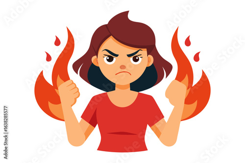 Burning Fury: An illustration of a woman embodies intense anger, as flames erupt around her, symbolizing rage and frustration. The artwork captures the raw emotion of being enraged.