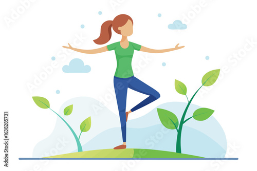 Zenith of Serenity: A woman in a poised tree pose, with arms outstretched, practices yoga in a serene garden. Embodies the calmness and connection between body, mind.
