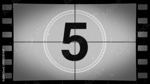 Old film countdown from 10 to 1 seconds. Old movie timer with film strip  in grey retro style. 4K animation.