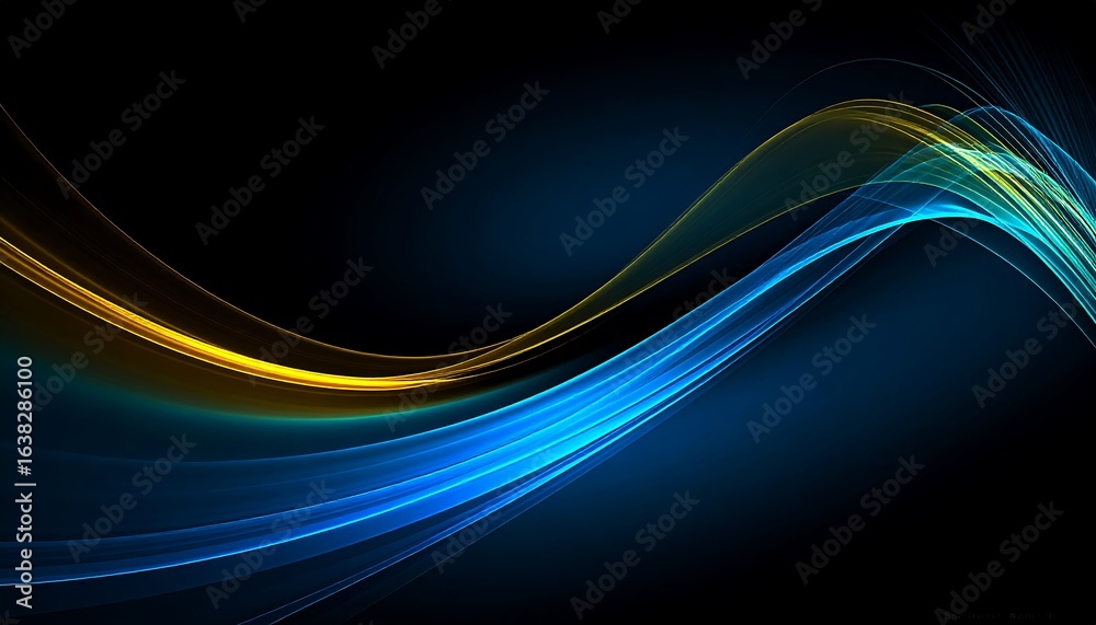 Naklejka premium Abstract Dynamic Waves: Glowing Blue and Gold Swirls on Black Background.