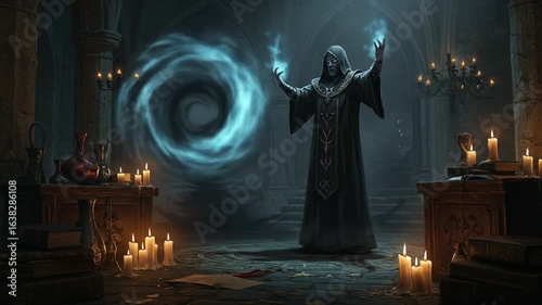 A dark wizard casting a spell in a mystical, candlelit environment.