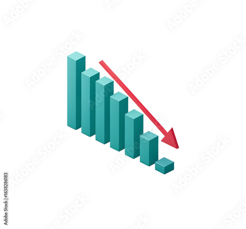 3D Isometric Teal Bar Graph with Red Downward Arrow – Economic Decline, Loss, and Negative Trend Chart Icon on White Background