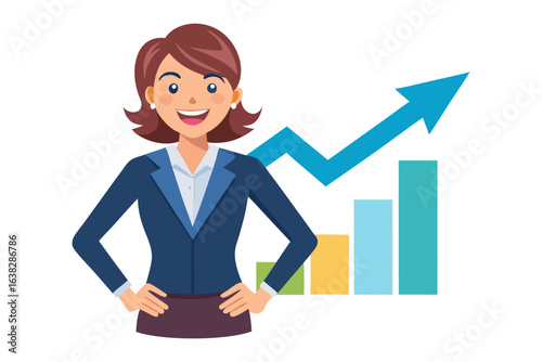 Rising Business Acumen: A determined woman, exuding confidence, stands beside a rising graph, symbolizing career advancement and financial growth.