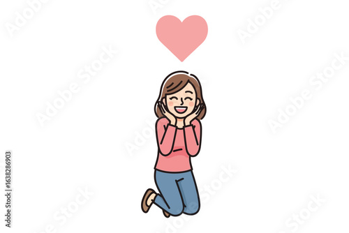 Love's Gentle Embrace: A whimsical depiction of pure affection and joy. A woman kneels in an expression of blissful anticipation, an illustration of love's tenderness.