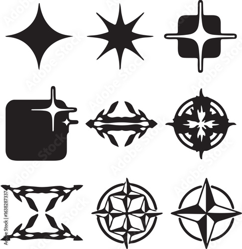 Y2K Icon Sheet. Collection of abstract shapes and geometric design elements in black and white