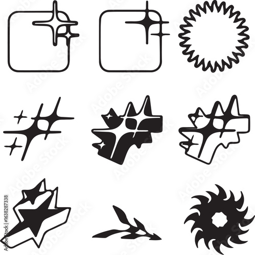 Y2K Icon Sheet. Collection of abstract shapes and geometric design elements in black and white