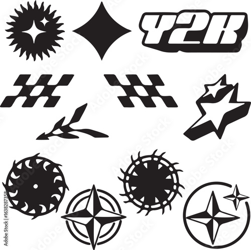 Y2K Icon Sheet. Collection of abstract shapes and geometric design elements in black and white