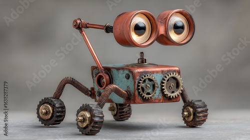 Cute Rusty Robot Toy with Steampunk, and Studio Shot.