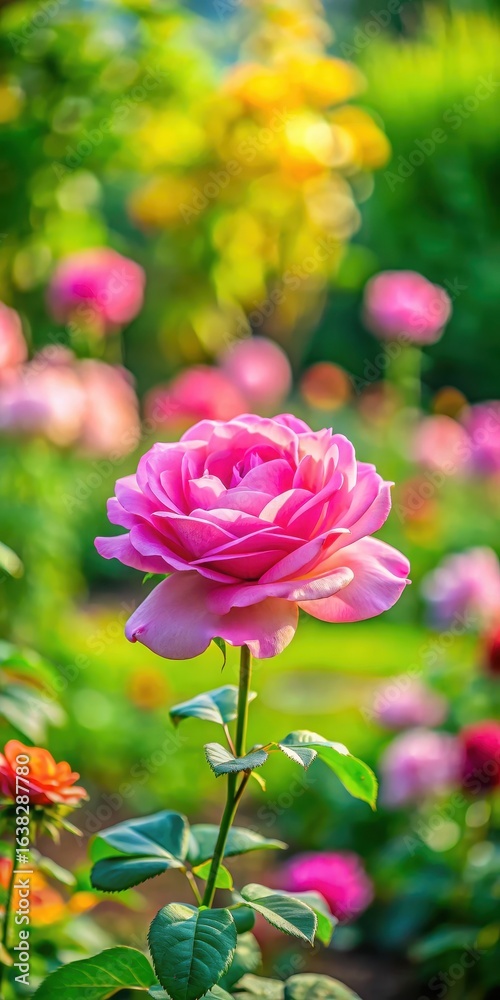 Obraz premium A lone pink rose blooms in a lush green garden surrounded by vibrant flowers and foliage on a sunny day