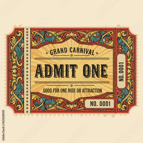 Vintage Carnival Ticket: A richly detailed and retro-styled carnival ticket evokes the excitement and nostalgia of classic amusement and joy.