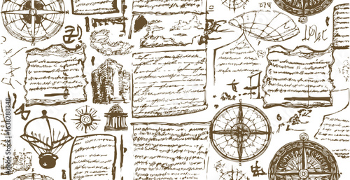 Travel themed old pattern of abstract illegible handwritten text. Vintage grunge bad calligraphy script, notes, book document. Vector illustration of monochrome unreadable handwriting cursive poetry 