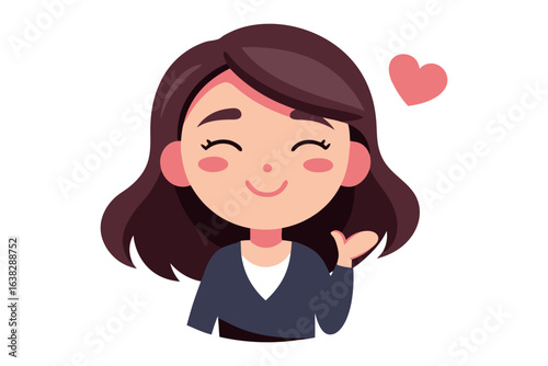 Heartfelt Greeting: An animated female figure, radiating warmth and affection with a charming smile and a floating heart, symbolizes love and friendliness.
