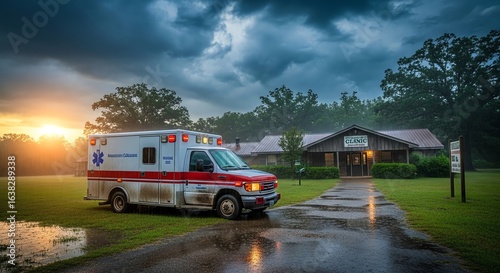 Emergency Ambulance at Rural Clinic During Storm
