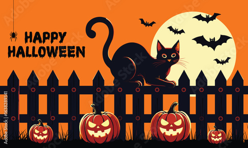 Black Cat on Fence with Pumpkins and Full Moon-Happy Halloween Vector Illustration
