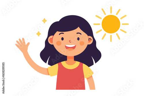 Friendly Hello and Sunny Skies: A cheerful young girl waves a welcoming hand under a radiant sun, inviting warmth and happiness. 