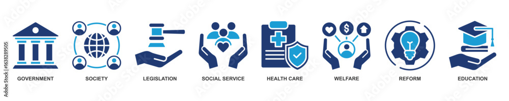 Obraz premium Banner of Social Policy web vector illustration with icons of government, society, legislation, social service, healthcare, welfare, reform and education.