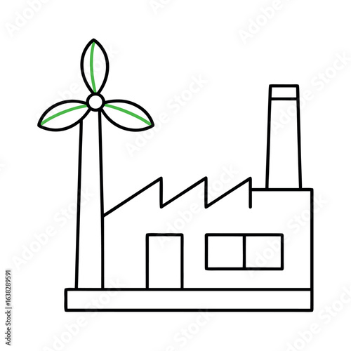 Clean vector illustration of an eco friendly power plant with a prominent turbine outline suitable for environmental and energy concepts