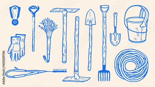 Minimalist hand drawn sketch gardening tools vector illustration.