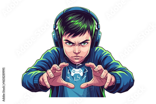 Gamer Focus: A determined gamer, headphones on, embodies intense concentration as he prepares to engage in virtual combat, his eyes locked onto the screen. 