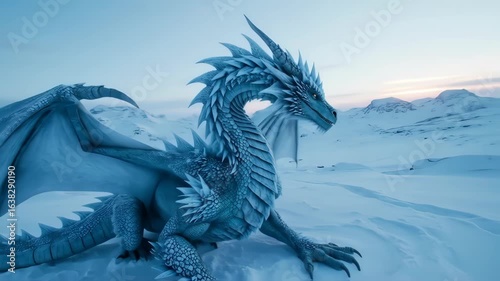Majestic Blue Ice Dragon with Glowing Eyes Surveys its Vast, Snowy Kingdom at Dawn