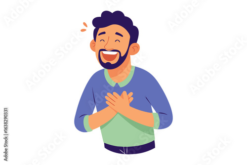 Glee and Gratitude: A cheerful man exudes pure happiness and appreciation, with a genuine smile that lights up his face. He places his hands over his heart to illustrate pure gratitude and happiness.