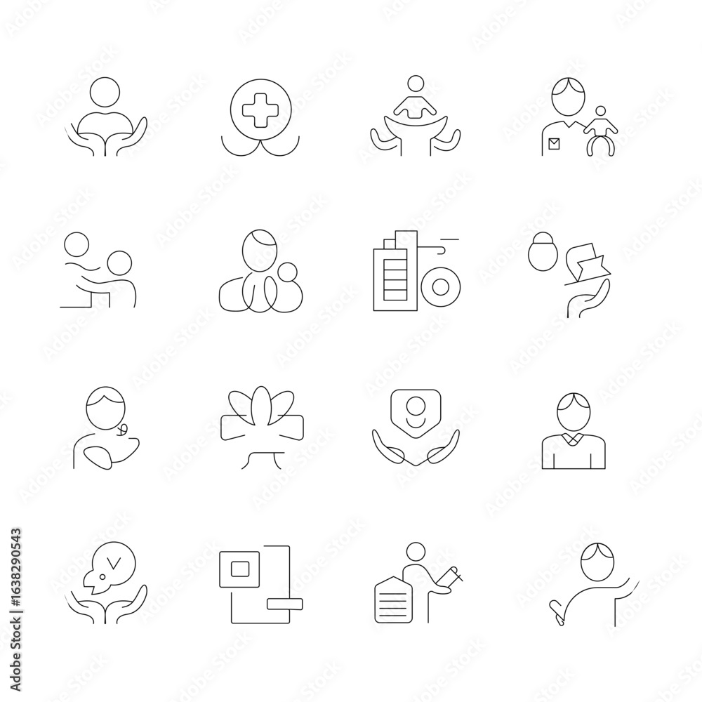 Fototapeta premium Social Policy Line Icon Set – Healthcare, Family, Education, Law, Insurance, and Protection Vector Collection