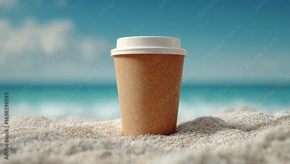 A paper coffee cup with a white lid stands on the sand, against the backdrop of the sea and sky, in close-up, 3D rendering. A paper coffee cup with a white lid stands on the sand, against the backdrop of the sea and sky, in close-up, 3D rendering.