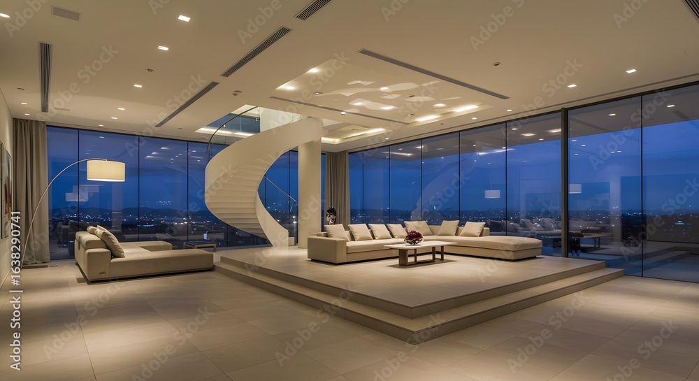 Obraz premium Modern Luxury Living Room with Spiral Staircase and City View at Dusk