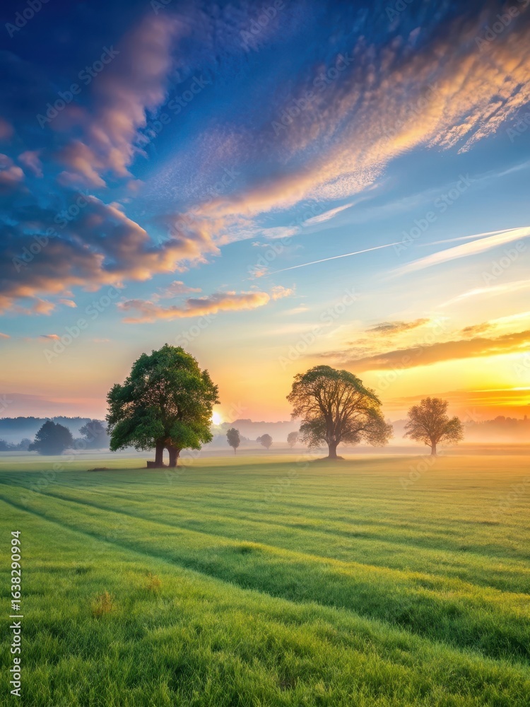 Fototapeta premium wide open field with trees in distance at sunrise