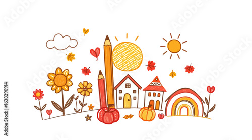 Childlike drawing of autumnal scene with houses, pumpkins, pencils, and sunflowers.