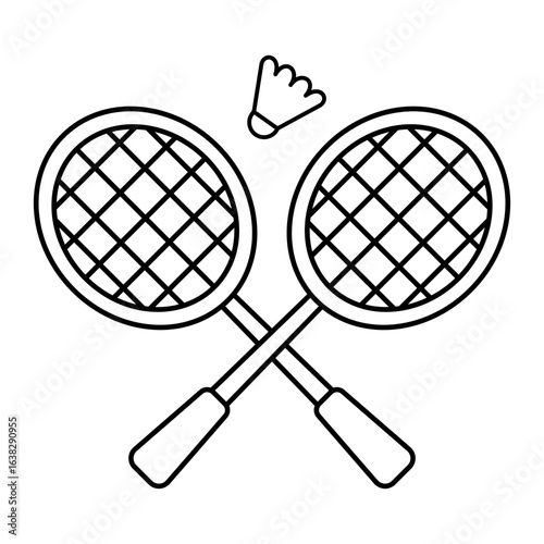 Badminton Rackets and Shuttlecock Vector Illustration. Two crossed badminton rackets with detailed string patterns and a shuttlecock above them.