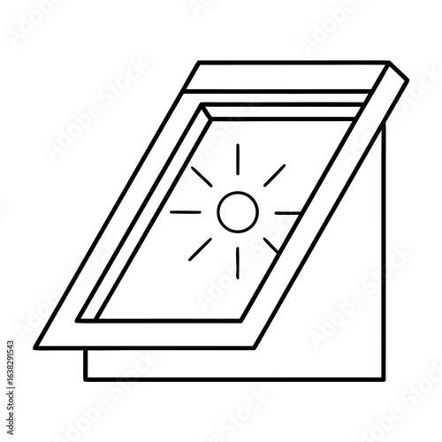 Architectural illustration of a modern skylight window cut into a roof with bright sun rays illuminating the interior space below