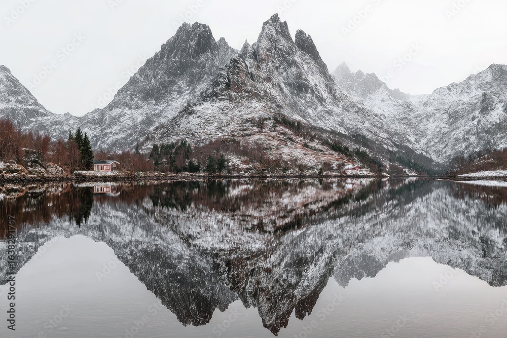 Fototapeta premium Snowy peaks reflected in a calm lake
