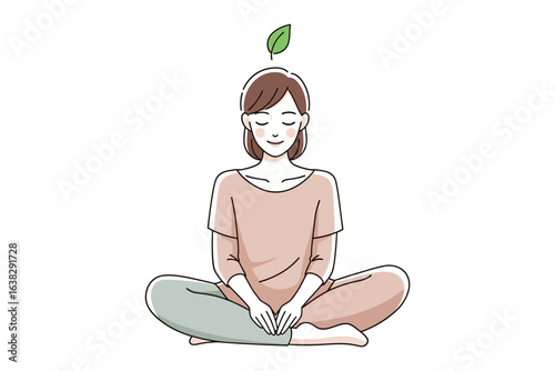Mindful Serenity: A young woman embodies tranquility, meditating in a seated posture with a serene expression, symbolizing inner peace and balance.
