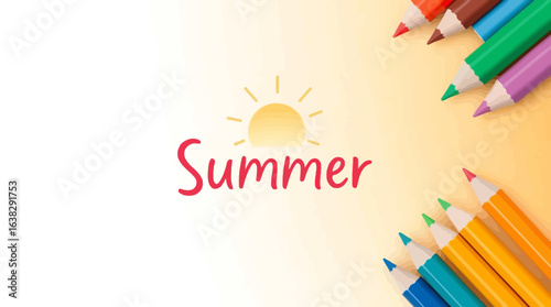Colorful pencils arranged around a summer sun graphic and the word "Summer".