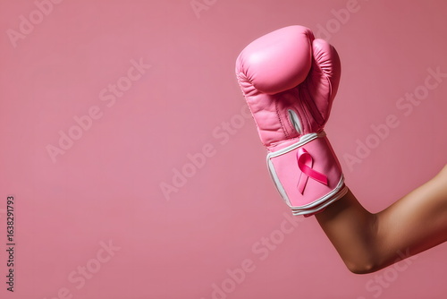 Close-up of a raised pink boxing glove with a breast cancer awareness ribbon symbolizing strength and fight against cancer on a pink background.