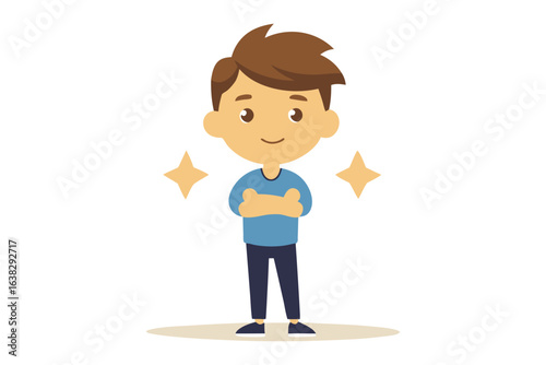 Confident Kid: A cute boy stands with a confident stance, arms crossed, exuding self-assurance. Embodying positive self-image and self-esteem.