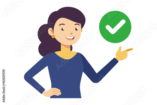 Affirmative: A woman confidently points towards a green checkmark, symbolizing validation and approval. Representing affirmation, the image captures a moment of positivity and consent.