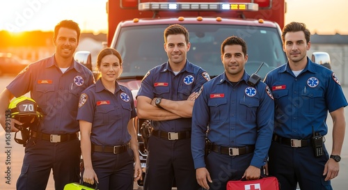Emergency Medical Team Standing in Front of Ambulance