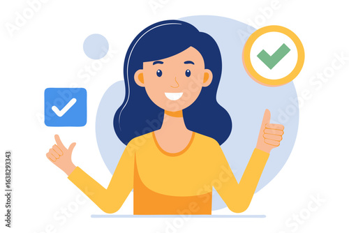 The Confident Woman: A cheerful young woman exuding confidence, affirming a task with an approving thumbs up, showcasing a cheerful and positive work style.