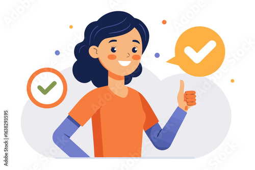 Confirmation and Approval: Animated depiction of a young lady, thumbs up gesture with an affirmative checkmark, signaling agreement and positivity.