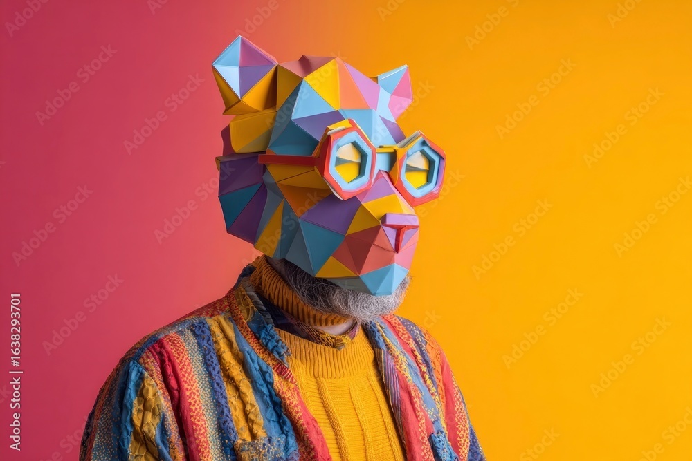 Fototapeta premium Man in a vibrant polygonal cat mask beard visible colorful striped jacket over a yellow sweater against a gradient pinktoyellow backdrop