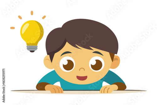 Idea Illumination: A cheerful child with a bright idea, symbolized by a glowing lightbulb, illustrating the spark of innovation and learning.