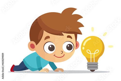 Idea Spark: An inspired boy gazes at a glowing lightbulb, representing a moment of innovation and the birth of an idea. Capturing the essence of creative exploration and imagination.