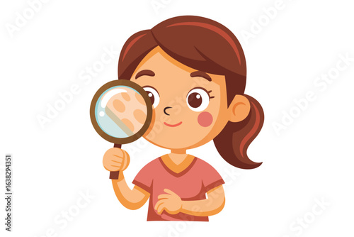 Curious Investigation: A young girl, with eyes filled with wonder, peers intently through a magnifying glass, unveiling a hidden world of detail. The image evokes a sense of exploration, discovery.